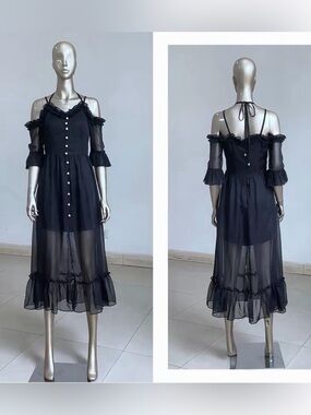 Black Cold-Shoulder Sheer Maxi Dress with Pearl Buttons